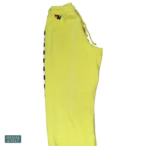 Aviator Nation Neon Yellow Checkered Stripe Sweatpants Jogger Retro Rare Small - Picture 11 of 16